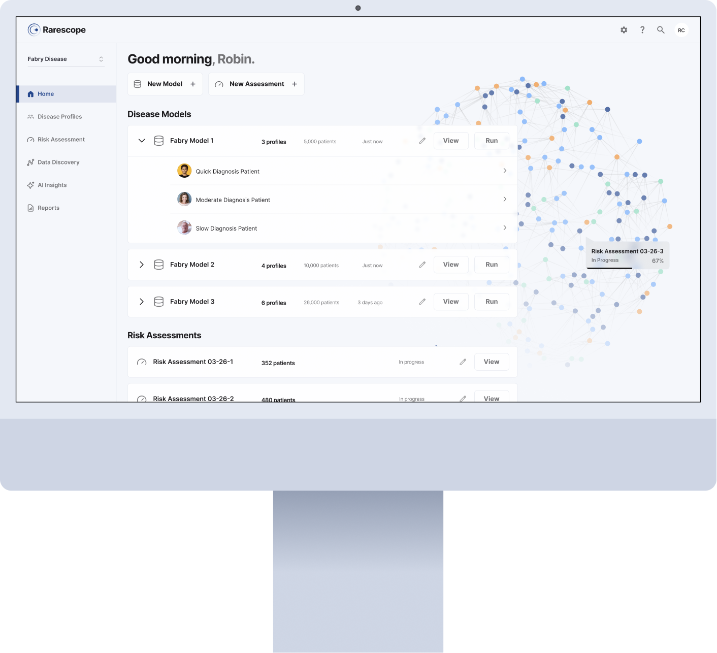 Rarescope clinical dashboard on iMac
